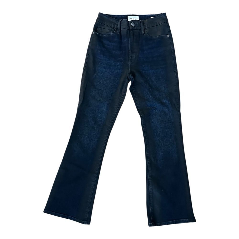 FRAME Le Crop Mini Boot Jeans Size 27 Dark Blue Denim Wax Coat Black Finish